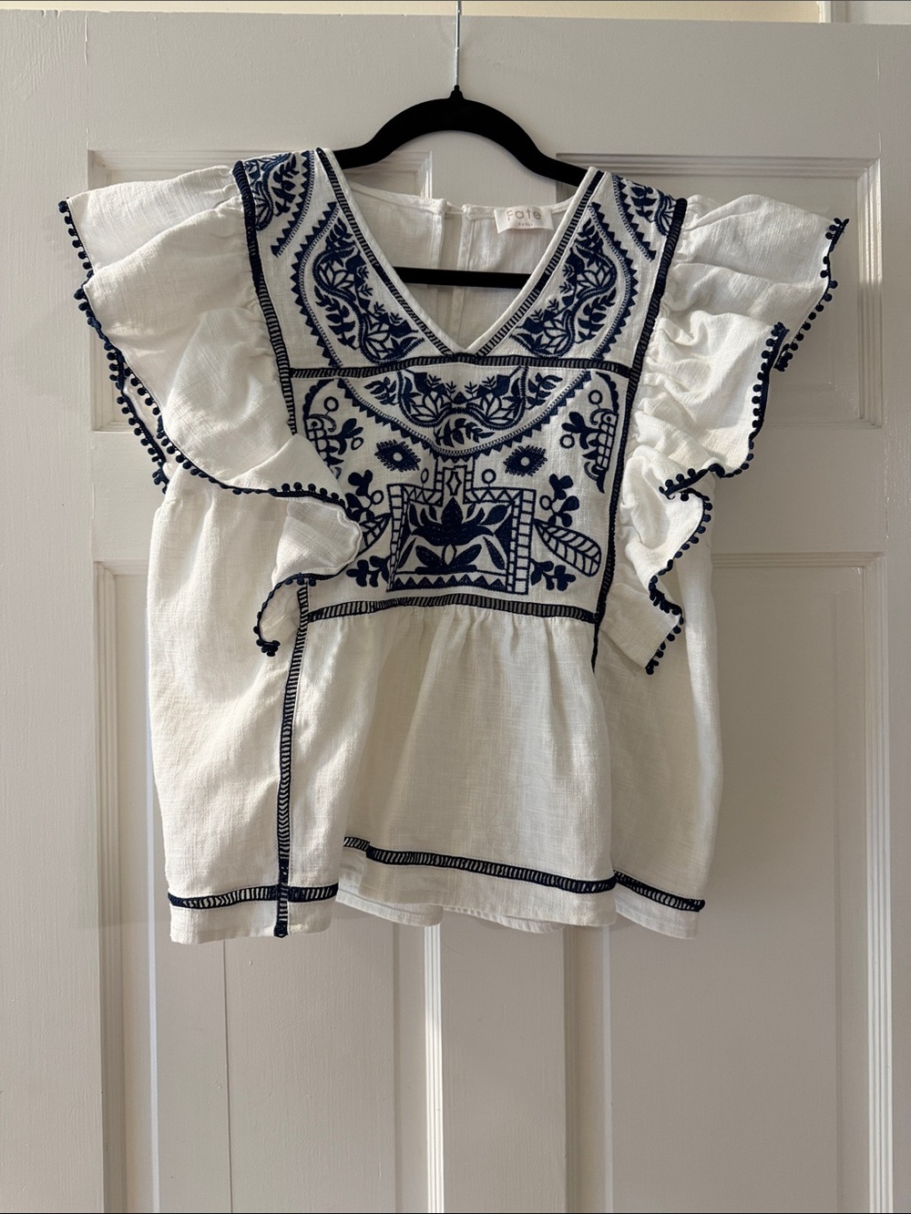 Fate White Blouse with Navy Blue Embroidery and Ruffle Sleeves